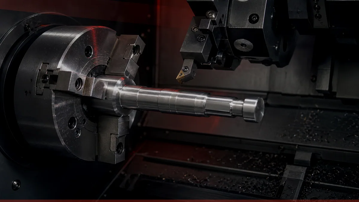 Toczenie CNC wałka stalowego — detal obrotowy w uchwycie tokarki — Nomatec